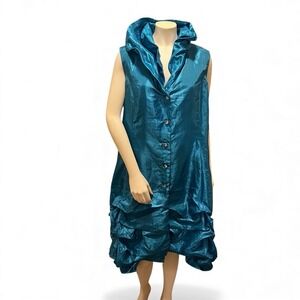 JERRY T Iridescent Taffeta Bubble Hem Dress Sz XL Teal Ruffle Collar Art to Wear